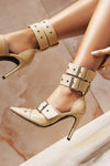 Multi Buckle Pointed Toe Ankle Stiletto Heel Boots - Nude