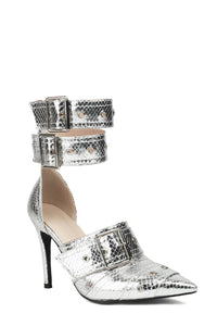 Metallic Python Double Buckle Strap Pointed Toe Ankle Stiletto Heel Boots - Silver
