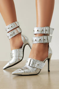 Metallic Python Double Buckle Strap Pointed Toe Ankle Stiletto Heel Boots - Silver