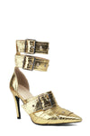 Metallic Python Double Buckle Strap Pointed Toe Ankle Stiletto Heel Boots - Gold