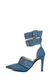 Double Buckle Strap Pointed Toe Ankle Stiletto Heel Boots - Blue Denim