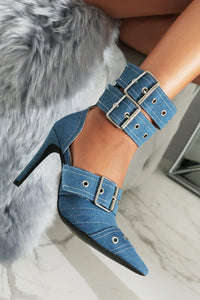 Double Buckle Strap Pointed Toe Ankle Stiletto Heel Boots - Blue Denim