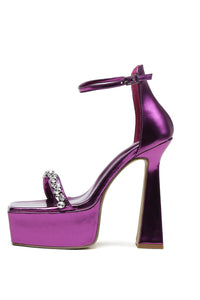 Diamante Embellished Open Square Toe Platform Heels - Hot Pink