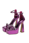 Diamante Embellished Open Square Toe Platform Heels - Hot Pink