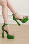 Diamante Embellished Open Square Toe Platform Heels - Green