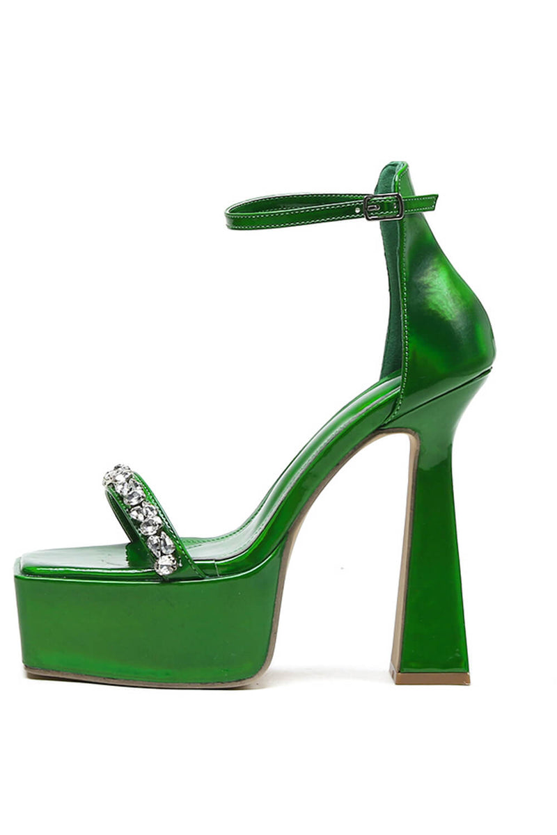 Diamante Embellished Open Square Toe Platform Heels - Green