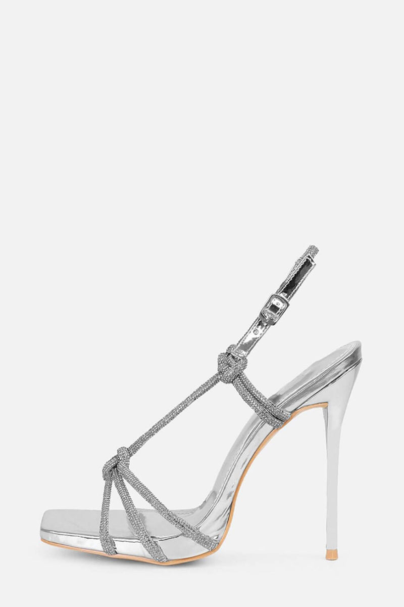 Diamante Knot Pointed Toe Slingback Heeled Sandals - Silver
