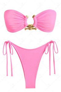 Metal Hammered Trim Bandeau Tie Side Bikini Set - Pink