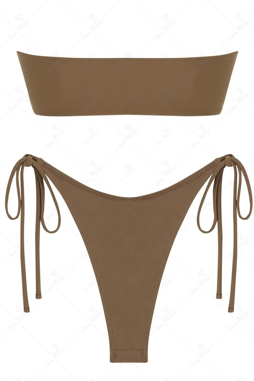 Metal Hammered Trim Bandeau Tie Side Bikini Set - Chocolate