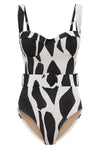 Abstract Print Underwire Balconet Belted One Piece Swimsuit