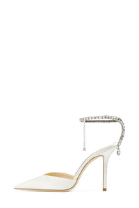Faux Satin Diamante Chain Detail Ankle Strap Pointed Toe Stiletto Court Heel - White