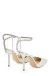 Faux Satin Diamante Chain Detail Ankle Strap Pointed Toe Stiletto Court Heel - White