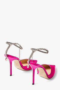 Faux Satin Diamante Chain Detail Ankle Strap Pointed Toe Stiletto Court Heel - Hot Pink