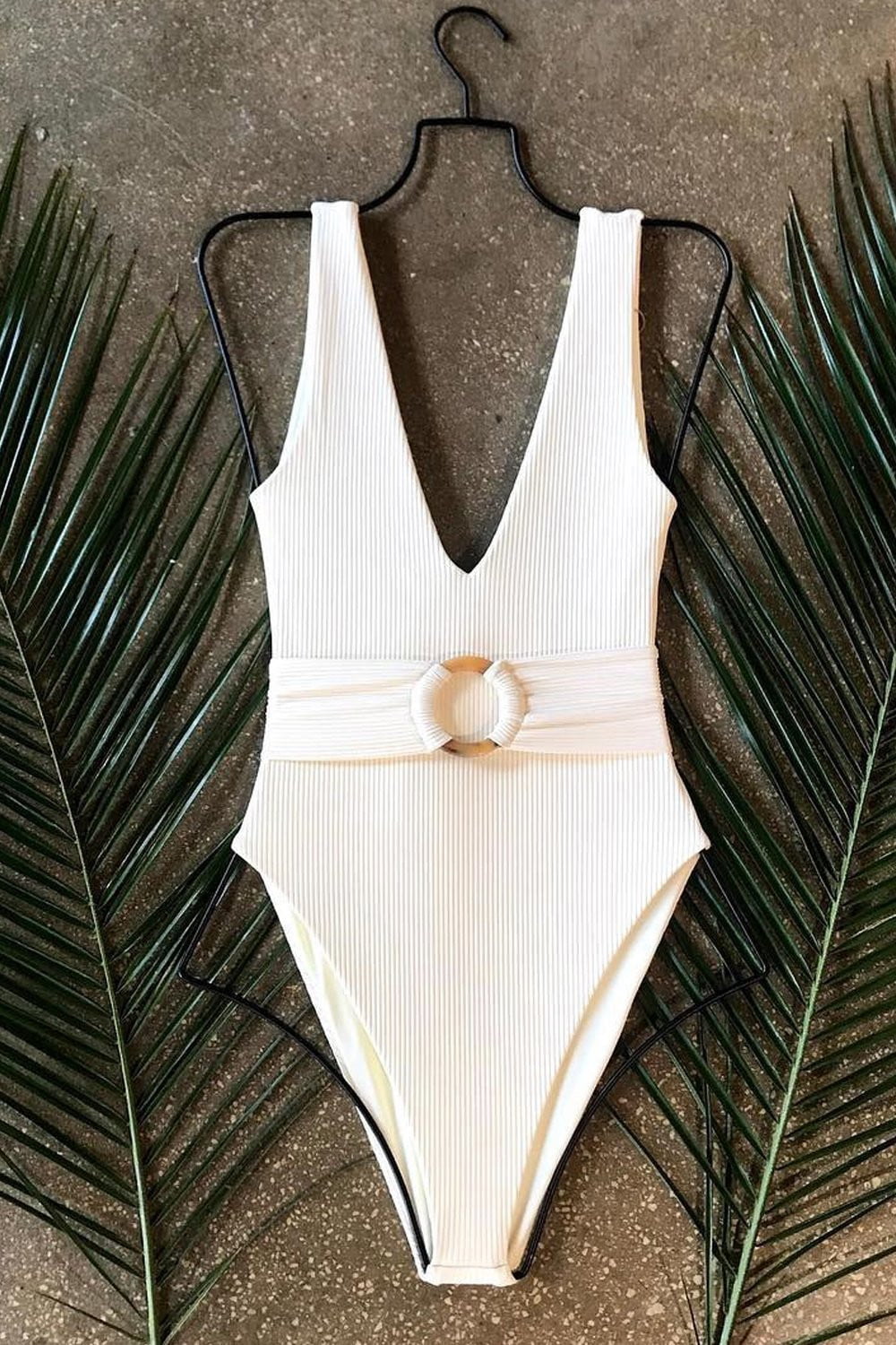 White Ribbed O-Ring Belted One Piece Swimsuit (2190538833979)