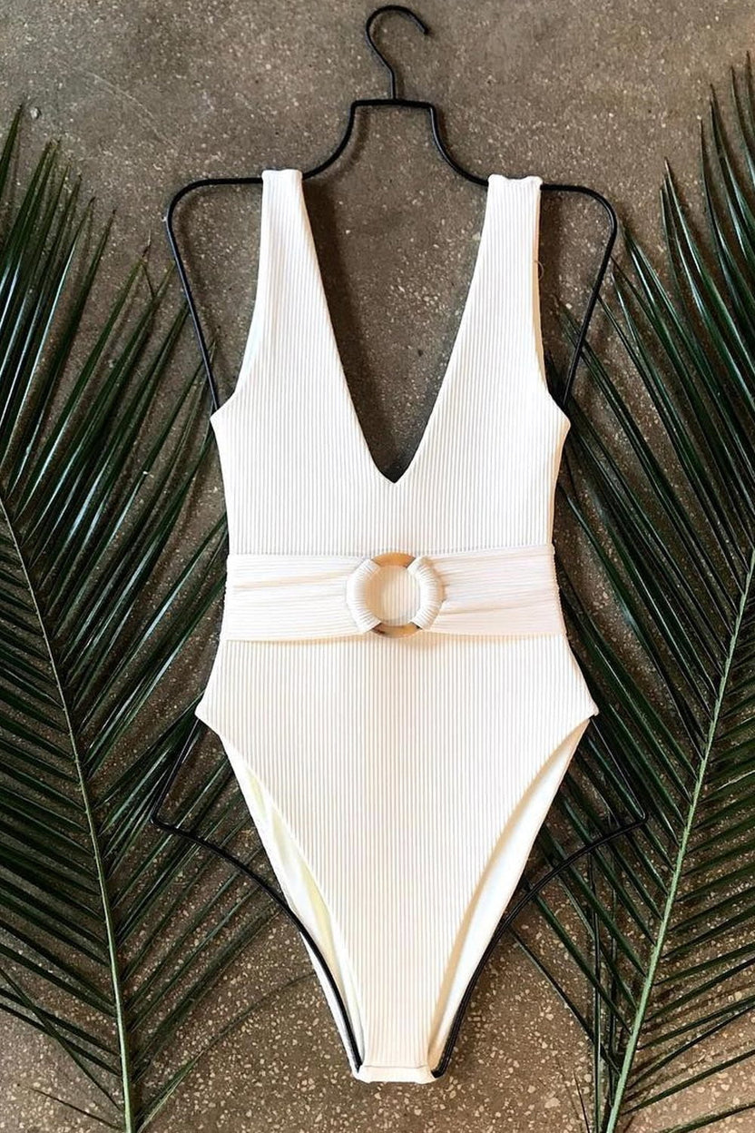 White Ribbed O-Ring Belted One Piece Swimsuit – FloralKini