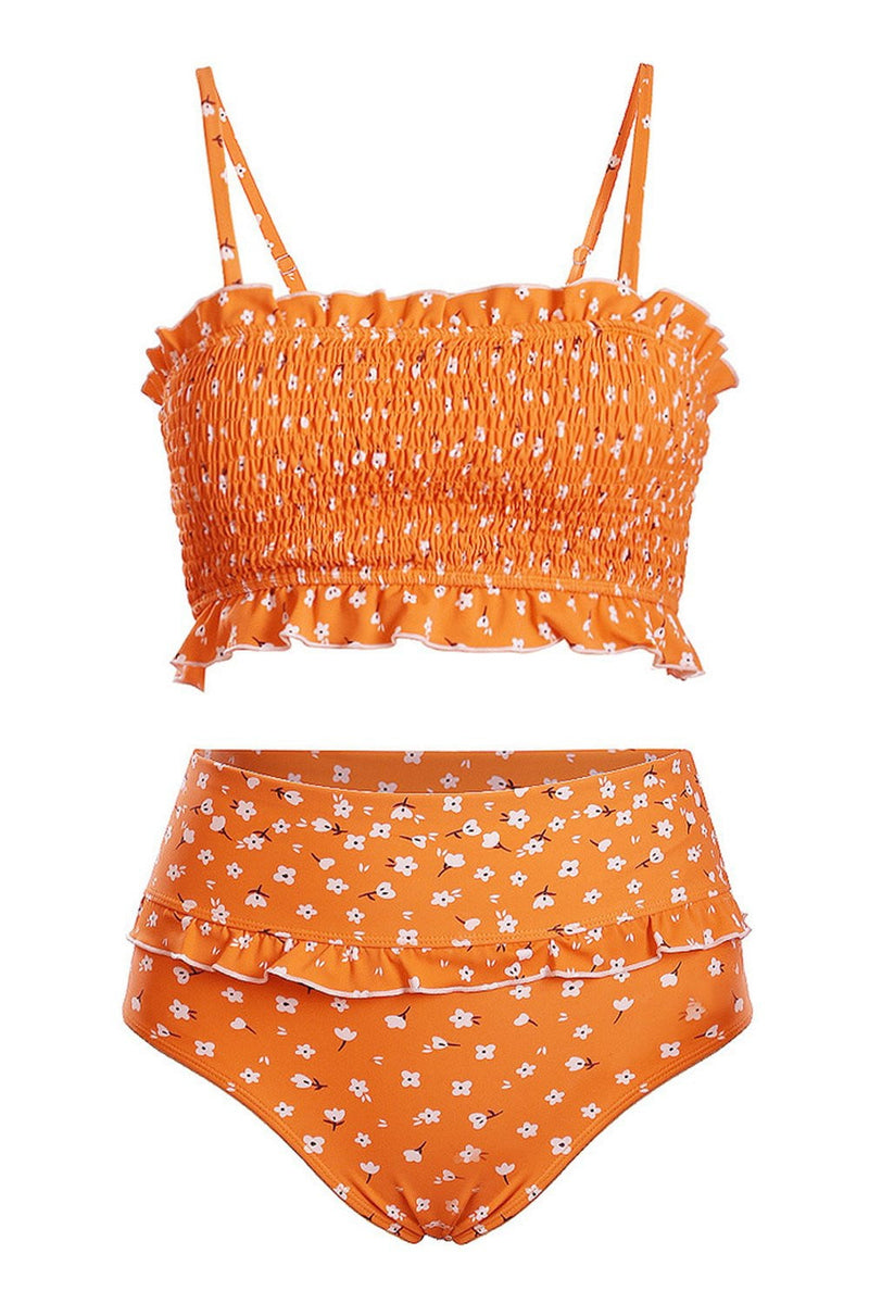 Orange Floral Smocked Ruffle Trim Bandeau Bikini Top (2198380445755)