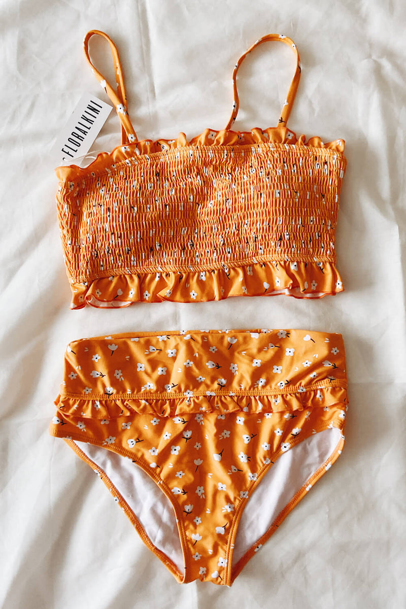Orange Floral Smocked Ruffle Trim Bandeau Bikini Top (2198380445755)