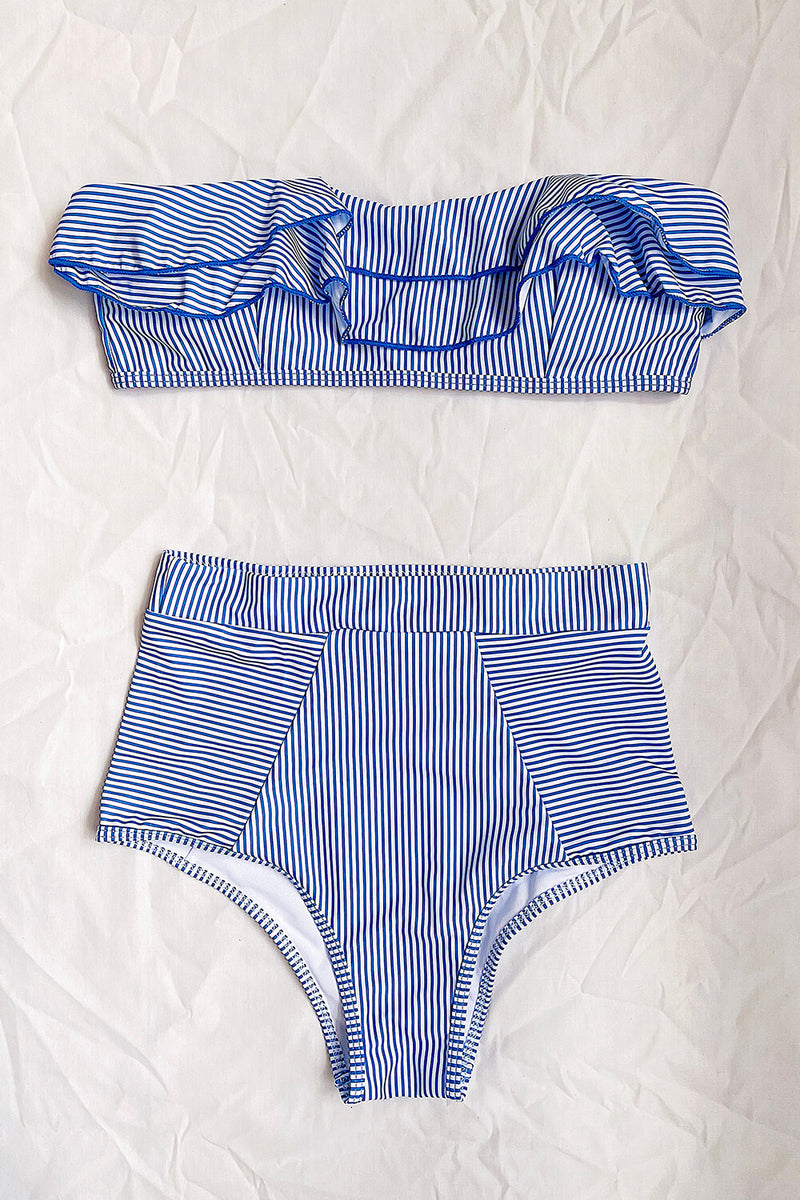 Blue White Striped Frill Bandeau Bikini Top (2207889653819)