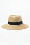 Black Bow Trimmed Wheat Straw Flat Boater (2207890079803)