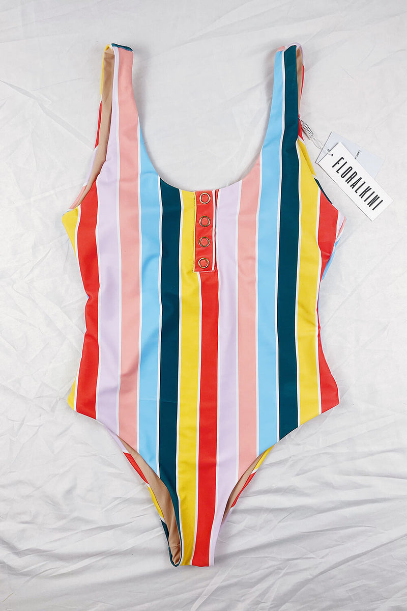 Multicolor Striped Button Up Front One Piece Swimsuit