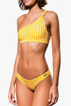 Yellow Gingham Knotted One Shoulder Bikini Top (2255107424315)