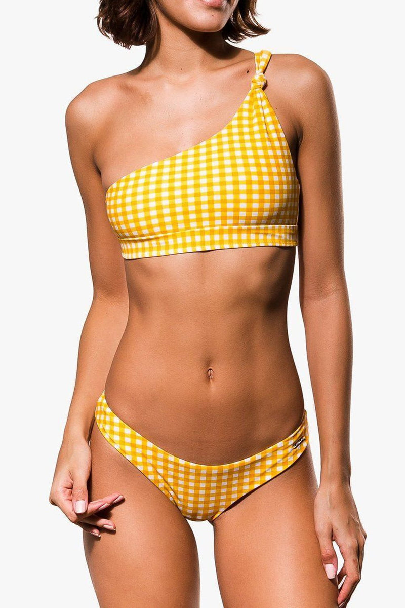 Yellow Gingham Knotted One Shoulder Bikini Top (2255107424315)
