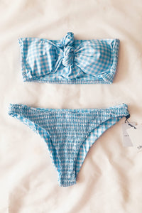 Blue White Gingham Tie Up Bow Bandeau Smocked Bikini Top (2267783594043)