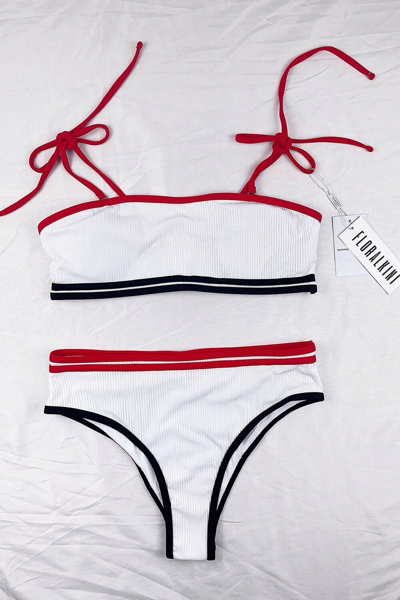Red Black Striped Tie Shoulder Ribbed Bikini Top (2306855469115)