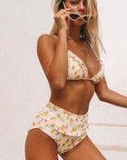 Lemon Print Ruffle Trim High Waisted Bikini Bottom (2318715748411)