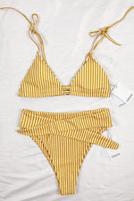 Yellow Striped Tie Shoulder Bikini Top