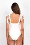 White Textured Pintucked Tie Shoulder One Pice Swimsuit