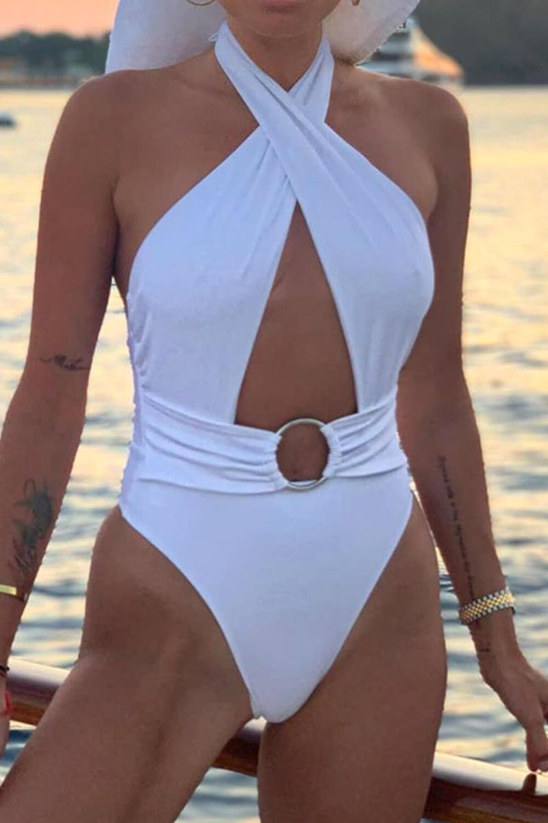White Cross Halter Cut Out O-Ring Belt One Piece Swimsuit