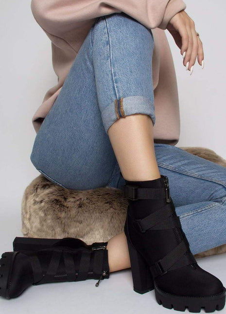 Black Zip Chunky Buckle Platform Ankle Boots (2335401246779)