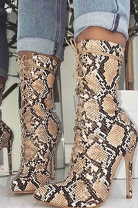 Tan Snake Lace Up Pointed Heeled Ankle Boots