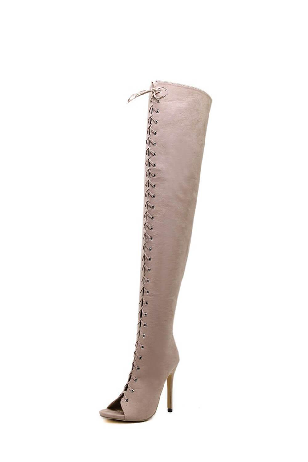 Nude Suede Lace Up Peep Toe Thigh High Boots