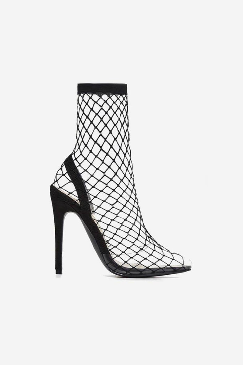 Black Clear Perspex Fishnet Ankle Sock Heels