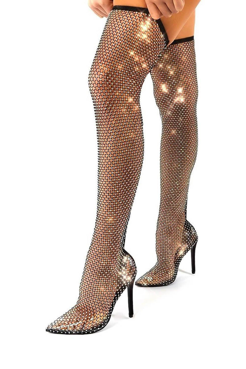 Black Diamante Fishnet Over The Knee Thigh High Long Sock Boots