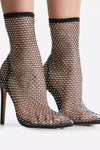 Black Diamante Fishnet Ankle Sock Heeled Boots
