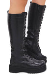 Black Croc Lace Up Chunky Knee High Boots