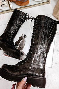 Black Croc Lace Up Chunky Knee High Boots