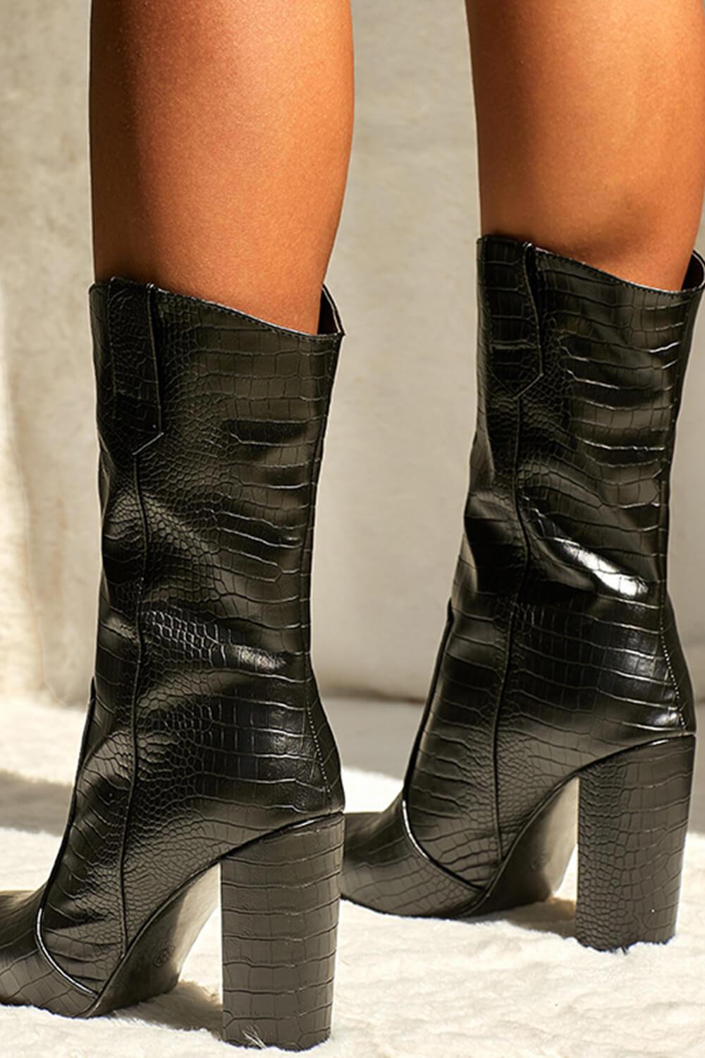 Black Croc Print Block Heel Mid Calf Boots