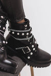 Black Pearl And Metal Buckle Detail Chain Lace-Up Ankle Moto Boots