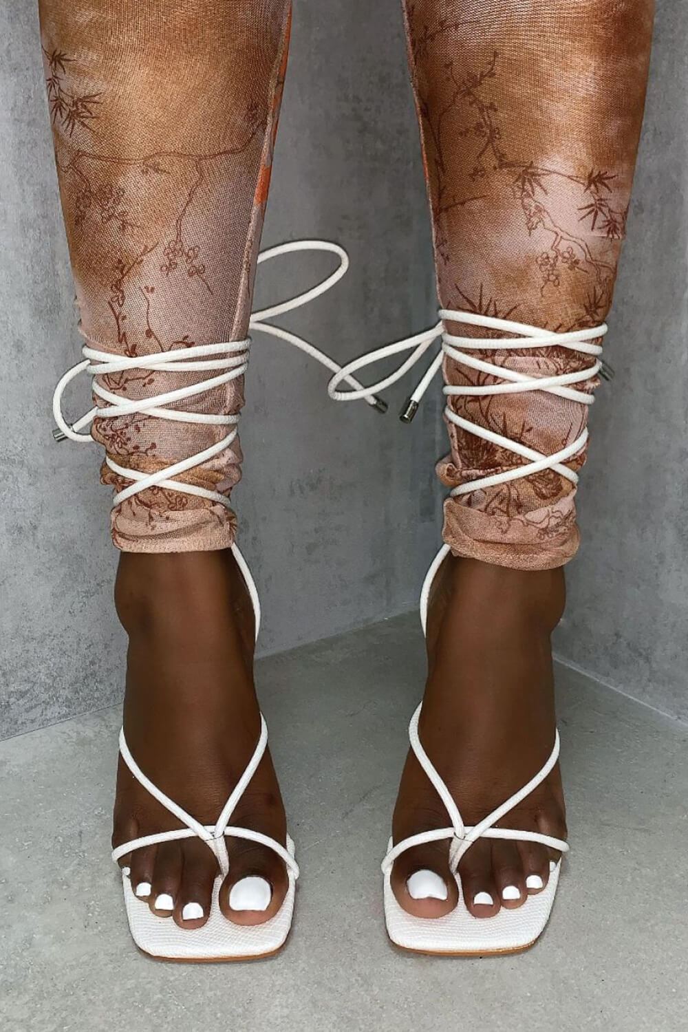 White Faux Leather Strappy Lace Up Square Toe Heels