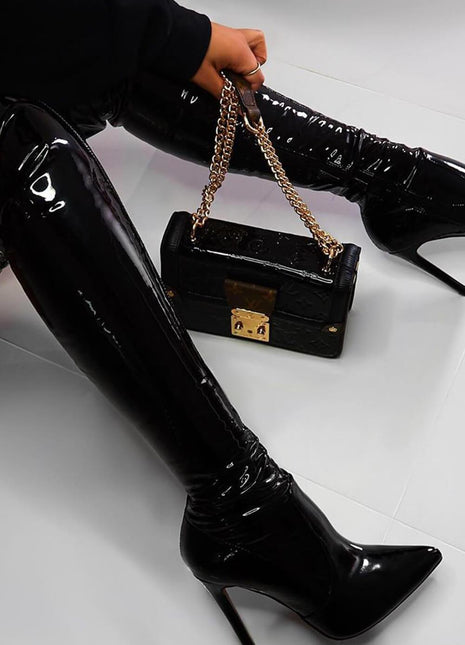 Black Patent Stiletto Heeled Over The Knee Pu Boot