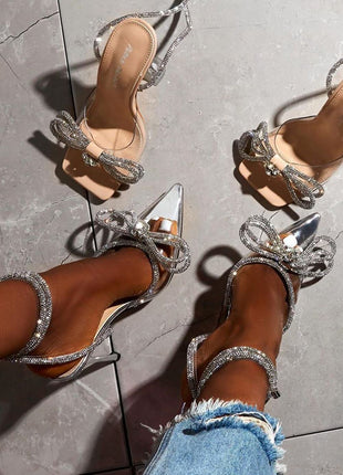 Clear Perspex Wrap Around Diamante Bow High Heel