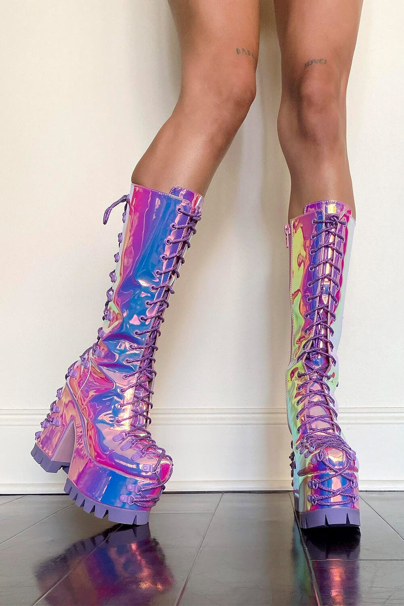 Pink Blue Iridescent Reflective Platform Lace Up Boots