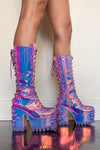 Pink Blue Iridescent Reflective Platform Lace Up Boots