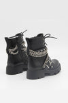 Black Studded Buckle Strap Chain Trim Lace Up Combat Boots