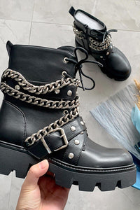 Black Studded Buckle Strap Chain Trim Lace Up Combat Boots
