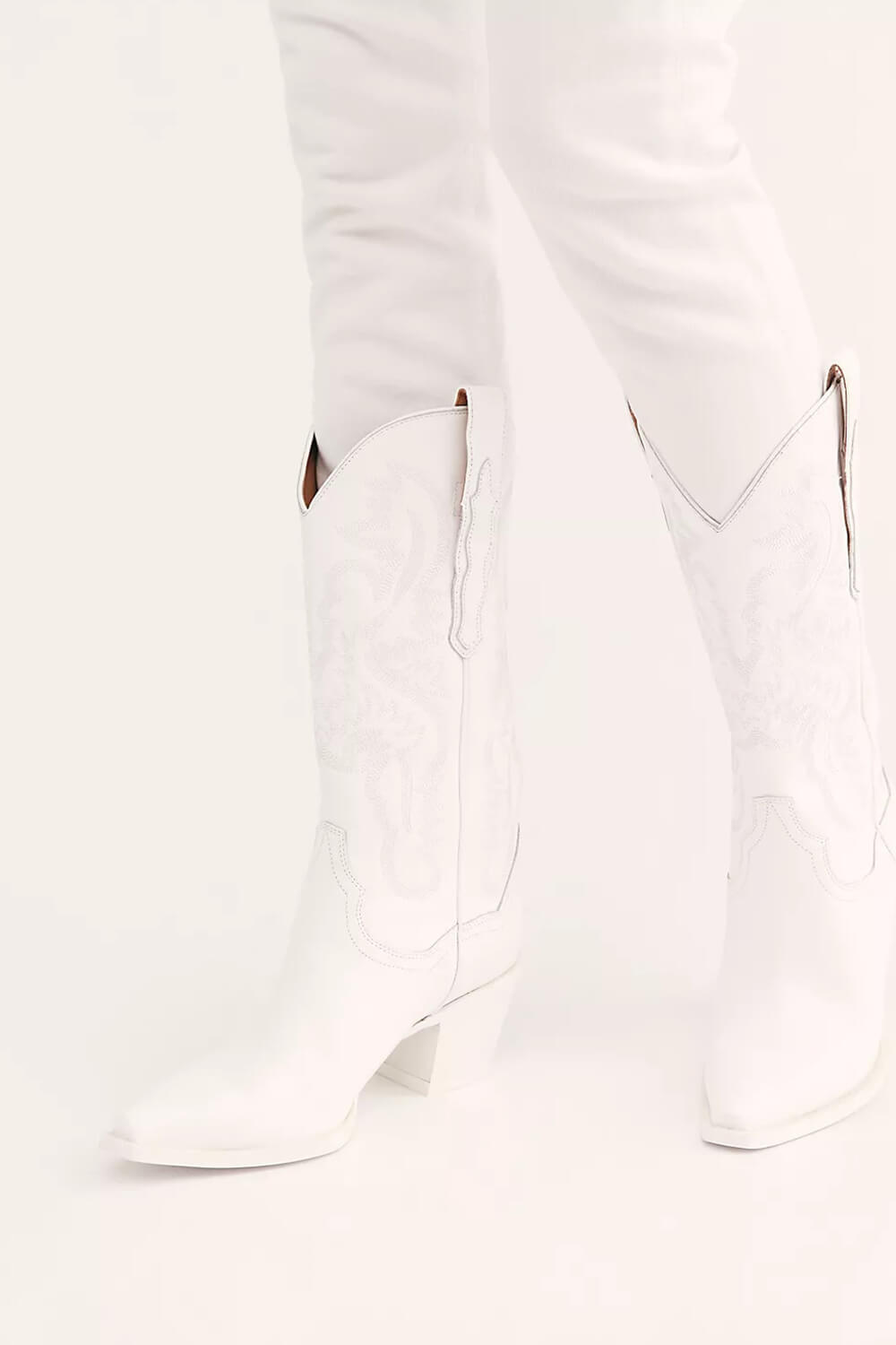 White Embroidered Detail Pointed Toe Western Inspired Mid Calf Block Heel Boots